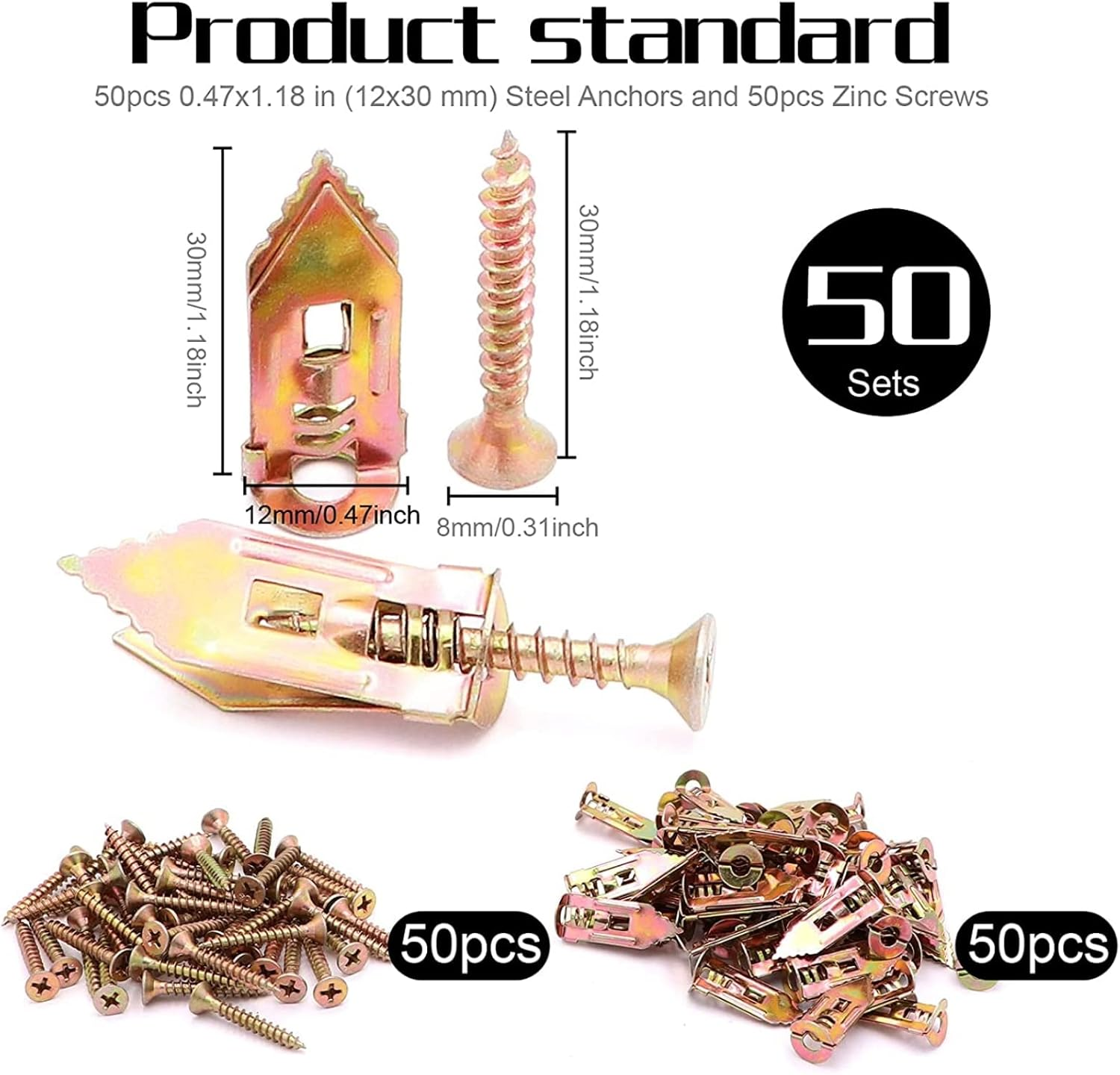 Snokay Metal Self-Drilling Anchor Kit for Plasterboard Fixings | 100Pcs 12X30Mm Hammer Drive Anchors | Plated Plasterboard Fixings | Perfect for TV, Bike, Shelf, Cabinets, Curtains, Calligraphy image number 1