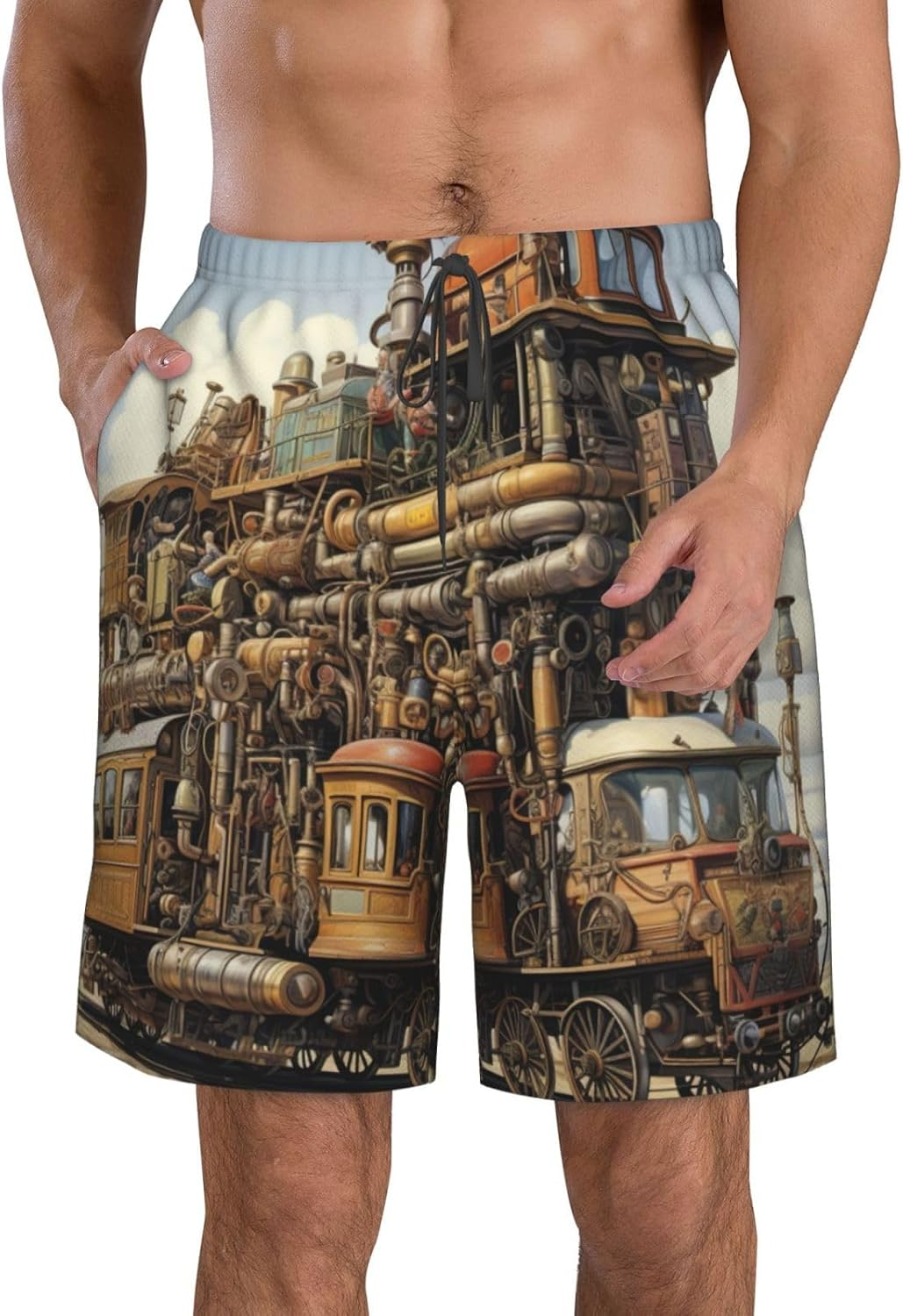 WURTON Diversified Transportation Print Men'S Beach Shorts Hawaiian Summer Holiday Casual Shorts with Drawstring, Quick Dry image number 6