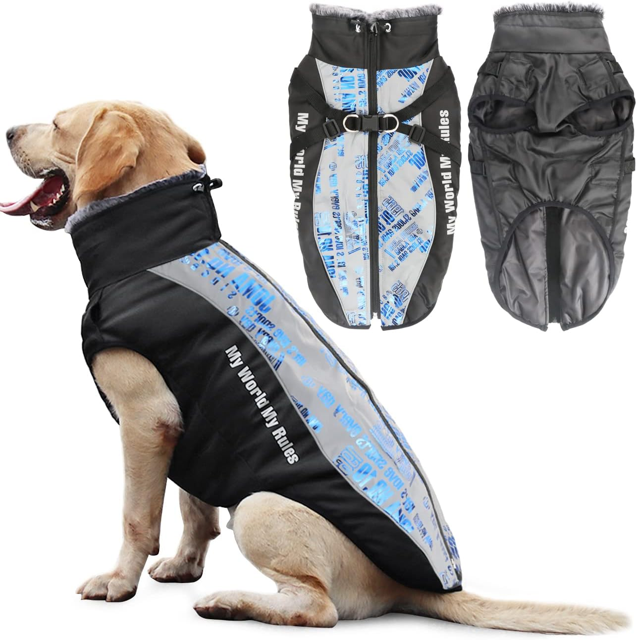 Idepet Dog Coat Warm Jacket, Reflective Pet Snowsuit Outdoor Sport Waterproof Dog Clothes Outfit Vest for Medium Large Dogs with Harness Hole