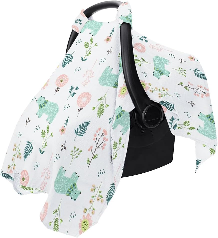 AIMALL 2-Pack Baby Muslin Cotton Push Car Seat Cover, Breathable Windproof Dustproof Infant Carriage Cover with Cartoon Prints, 44.9In X 35.4In, Universal Fit for Baby Carriers