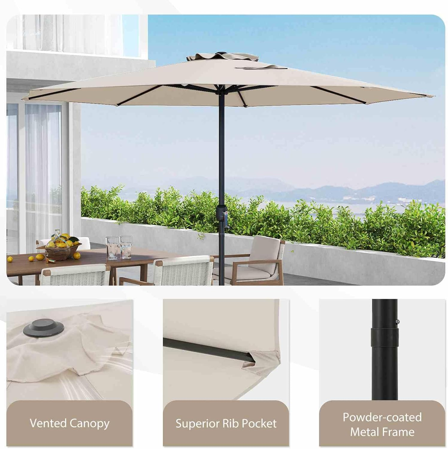 Costway 3.6 M Patio Umbrella, Outdoor Market Umbrella W/Crank Handle, 8 Sturdy Ribs, Double-Tiered Table Umbrella, Sun-Protective Waterproof Canopy round Parasol for Garden Backyard Deck Pool Lawn image number 6