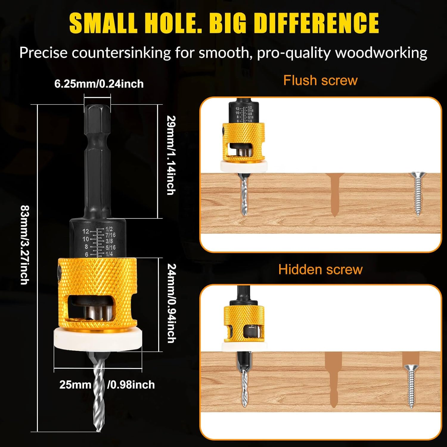 5PCS Countersink Drill Bit Set, Low Friction Depth Stop, 1/8 9/64" 5/32" Drill + 3/8&rdquo; 82&deg; Counter-Bore, 11/64" 3/16" Drill + 1/2" 82&deg; Counter-Bore, 1/4" Hex Shank, for Woodworking, with Storage Box image number 1