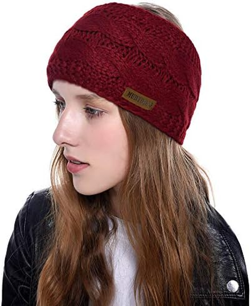 Muryobao Women Winter Warm Headband Fuzzy Fleece Lined Stretch Thick Cable Knit Head Wrap Ear Warmer (Wine Red)