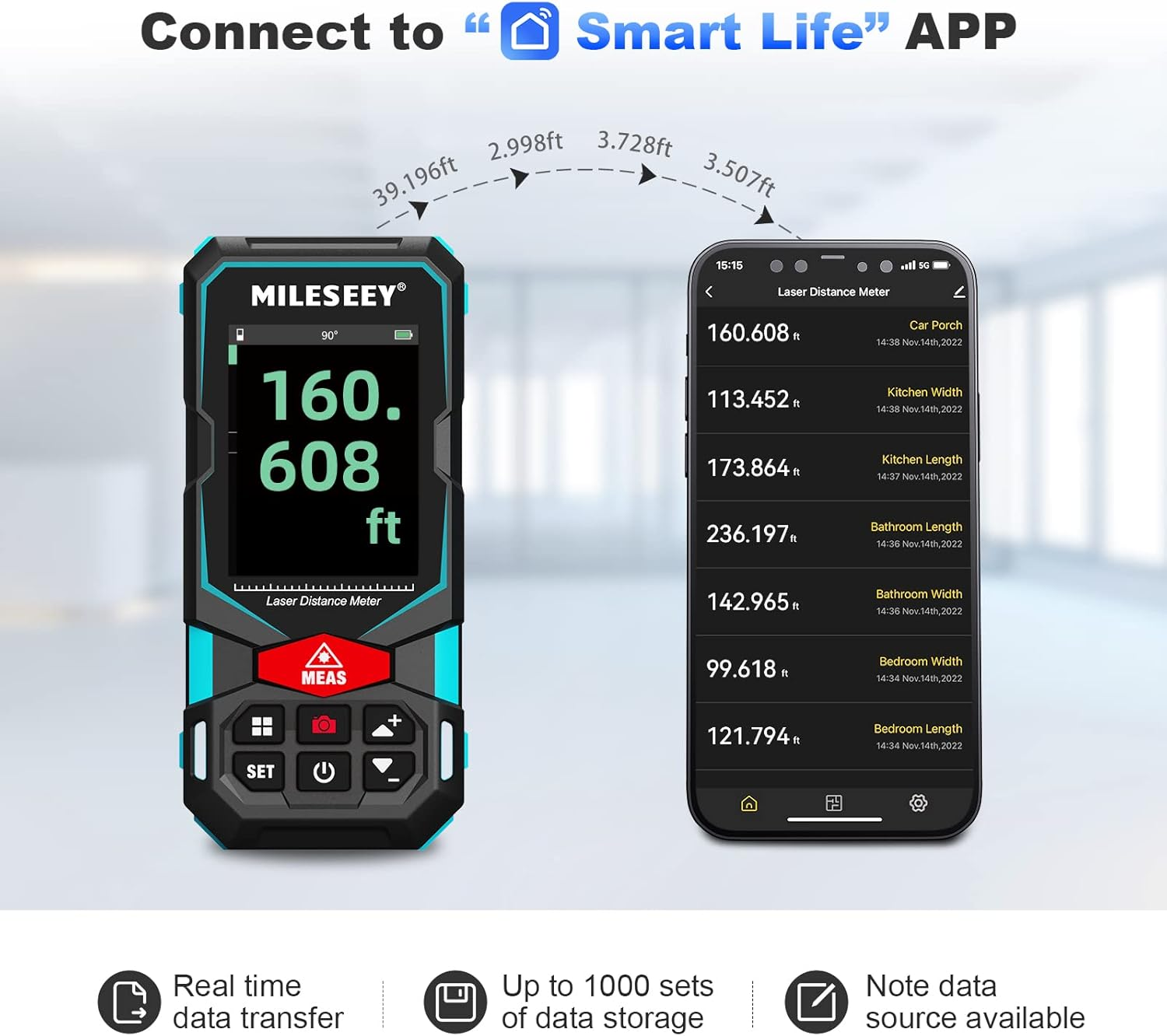 Laser Measurement Tool, Mileseey 330Ft Multifunctional Laser Measure with 2.4" Color Backlit Display, Rechargeable Laser Distance Meter with Angle Sensor, M/Cm/Mm/In/Ft+In Measurement Unit image number 5