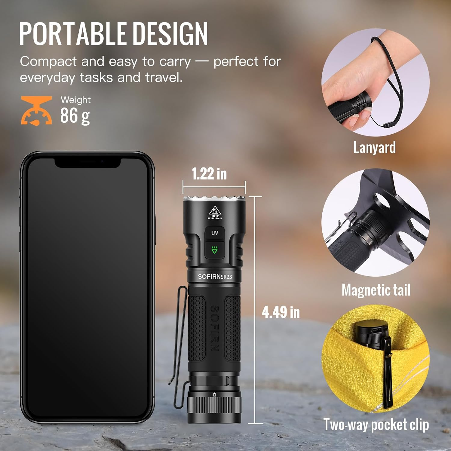 Sofirn SR23 Torch USB C Rechargeable, 3300 Lumens Bright LED Flashlight with UV Light, High Lumens Portable Handheld Dual Sources Pocket Light for Outdoor, Checking, Working, Emergency image number 3