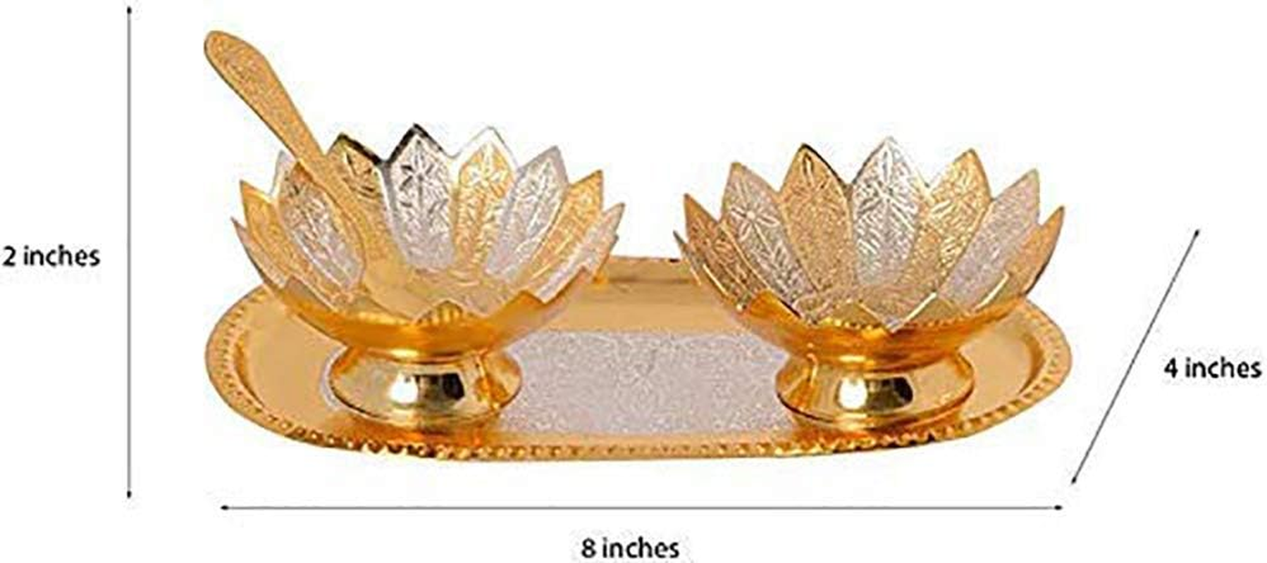 Garden of Arts Fancy Metal Gold and Silver Plated Floral Flower Shape 5 Pieces Set 2 Bowls 2 Spoons 1 Tray in Red Velvet Box Ideal for Dryfruits Party Prop Also Known as Pandan image number 3