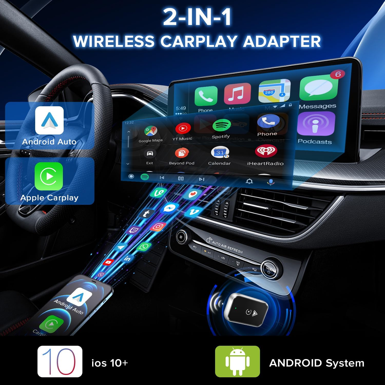 Necomi Wireless Carplay Adapter for Iphone/Android,2 in 1 Upgrade Wireless Auto Adapter, Dongle Plug and Play, No Delay,For Iphone Ios 10+/ Android 11+/ Cars 2017+ image number 1