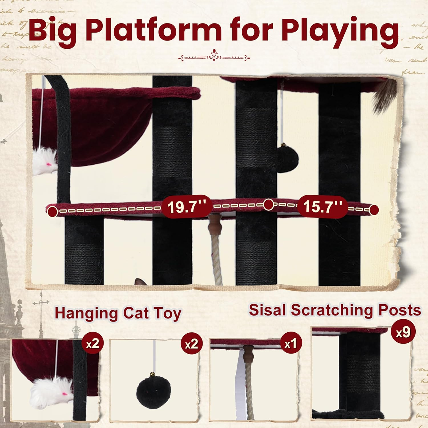 Gitelsnour Cat Tree, Cat Tower for Large Cats with 2 Big Platforms, 2 Baskets, Condo and Toys, 160Cm Cat Scratching Posts for Indoor Cats, Black and Red GCT020BR - Light Gray image number 3