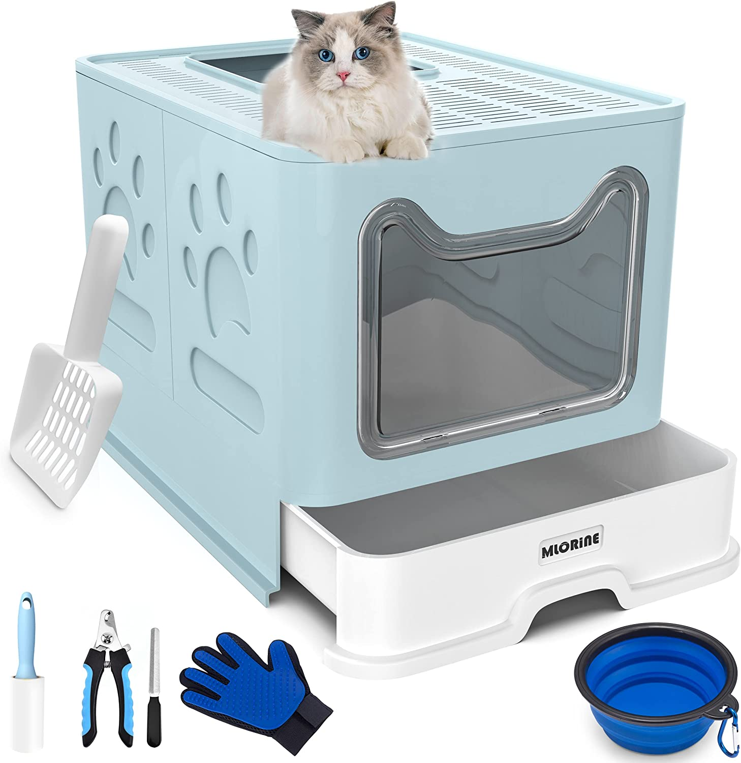 Cat Litter Box Large Pan - Foldable Top Exit Pet Boxes with Entry Lid, Plastic Cleaning Scoop,Cat Nail Clippers,Portable Cats Bowl (Blue)