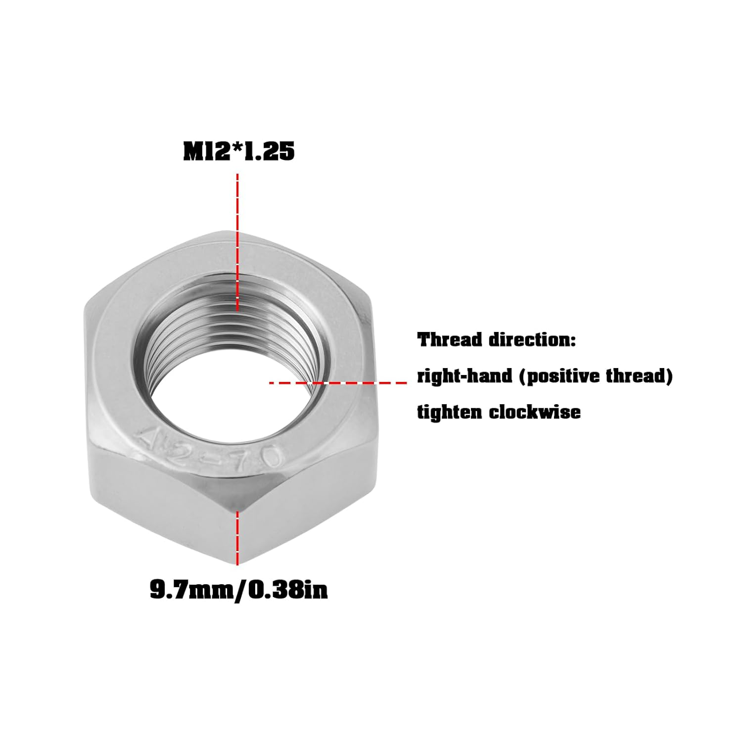 YINETTECH 4PCS M12 X 1.25 Stainless Steel Full Nuts Right Hand Thread Compatible with Machinery and Equipment Connections image number 2