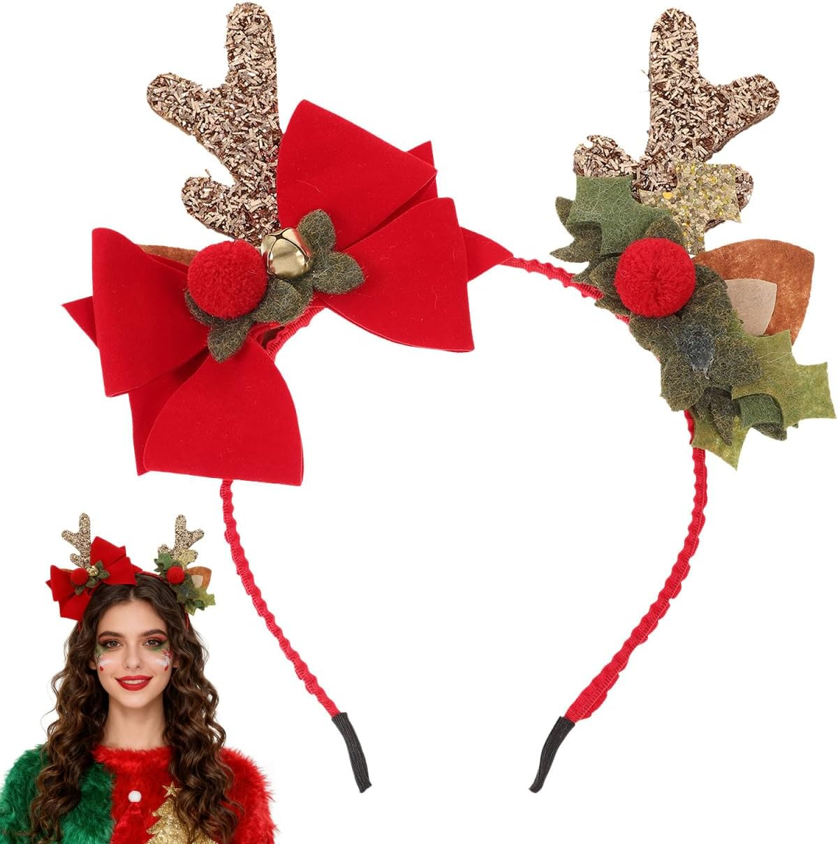 JOINPAYA Christmas Antlers Headband: Women Girl Reindeer Antlers Elk Ears Glitter Headband Headwear for Xmas Santa Accessories Decorations image number 3