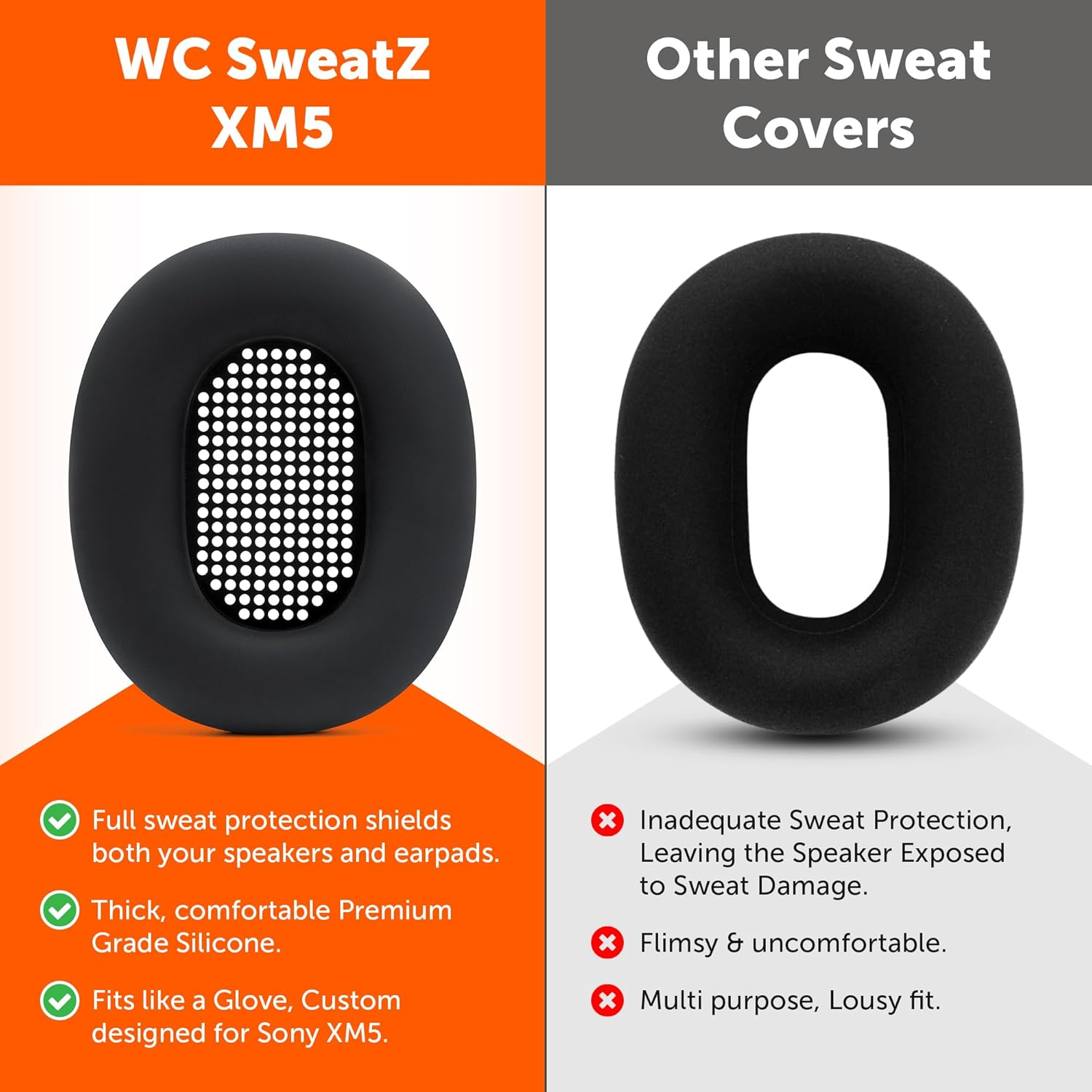 WC Sweatz XM5 - Patented Earpad Sweat Covers for Sony WH1000XM5 by Wicked Cushions | Full 360 Earpad Protection | Sweatproof & Easily Washable | Black - Black image number 2