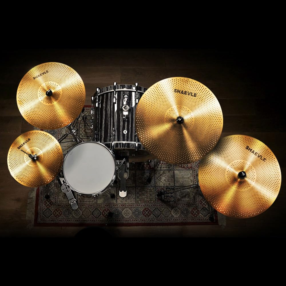 SHAEVLE Low Volume Cymbal Pack Golden Mute Cymbal 14"Hi-Hat+16"Crash+18'Crash+20"Ride Quiet Drum Cymbal Pack for Practice image number 3