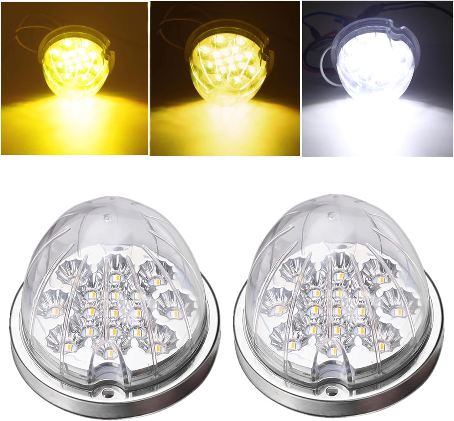 2PCS Dual Revolution Amber Turn Signal and Marker to White Auxiliary 17 LED Watermelon Lights, Clear Lens & Stainless Steel Bezel Marker Lights for Freightliner Kenworth Peterbilt Trailer Heavy Trucks image number 1