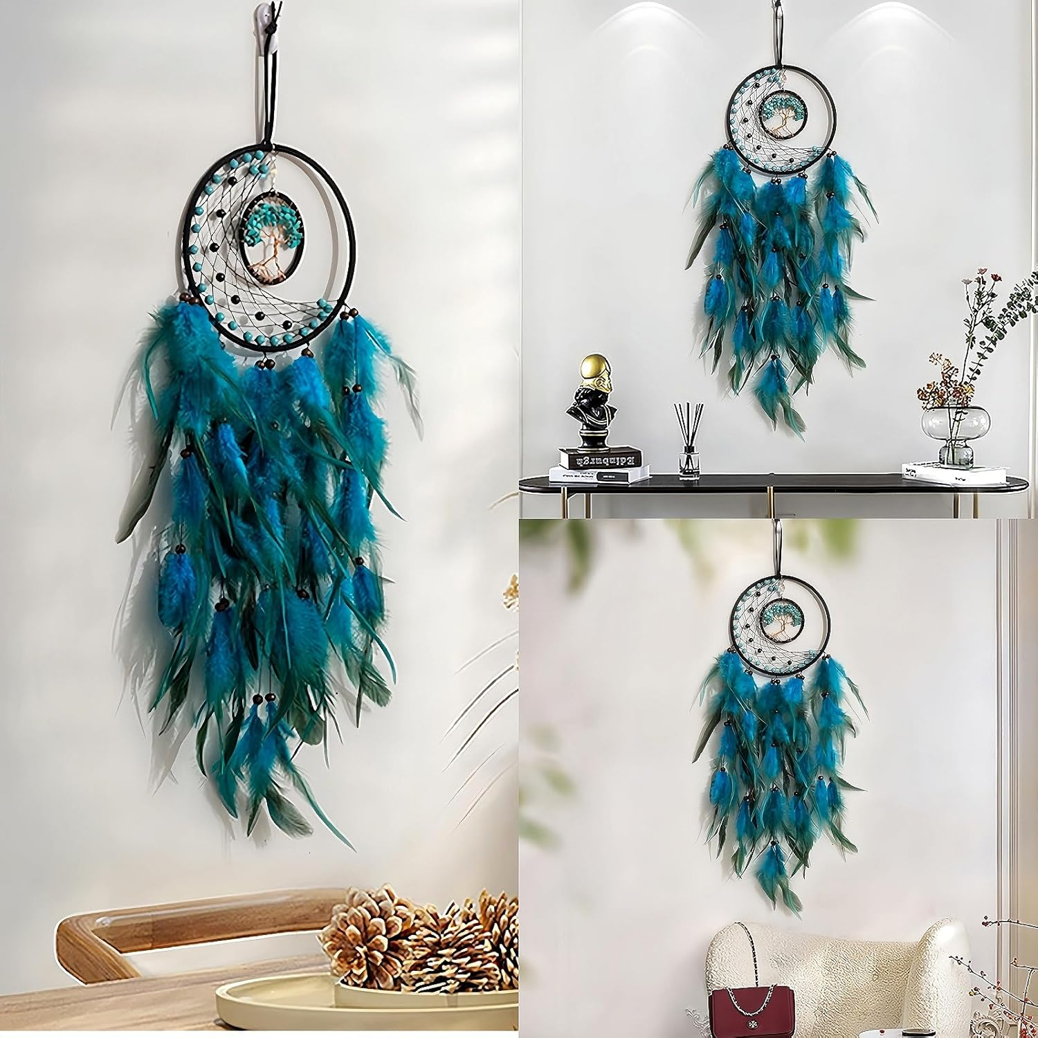 Blue Feather Tree of Life Dream Catcher Wall Hanging Ornament for Home Bedroom Decor Crystal Stone Dream Catcher for Wall Hanging Decor Handmade Crafts Festival Gift