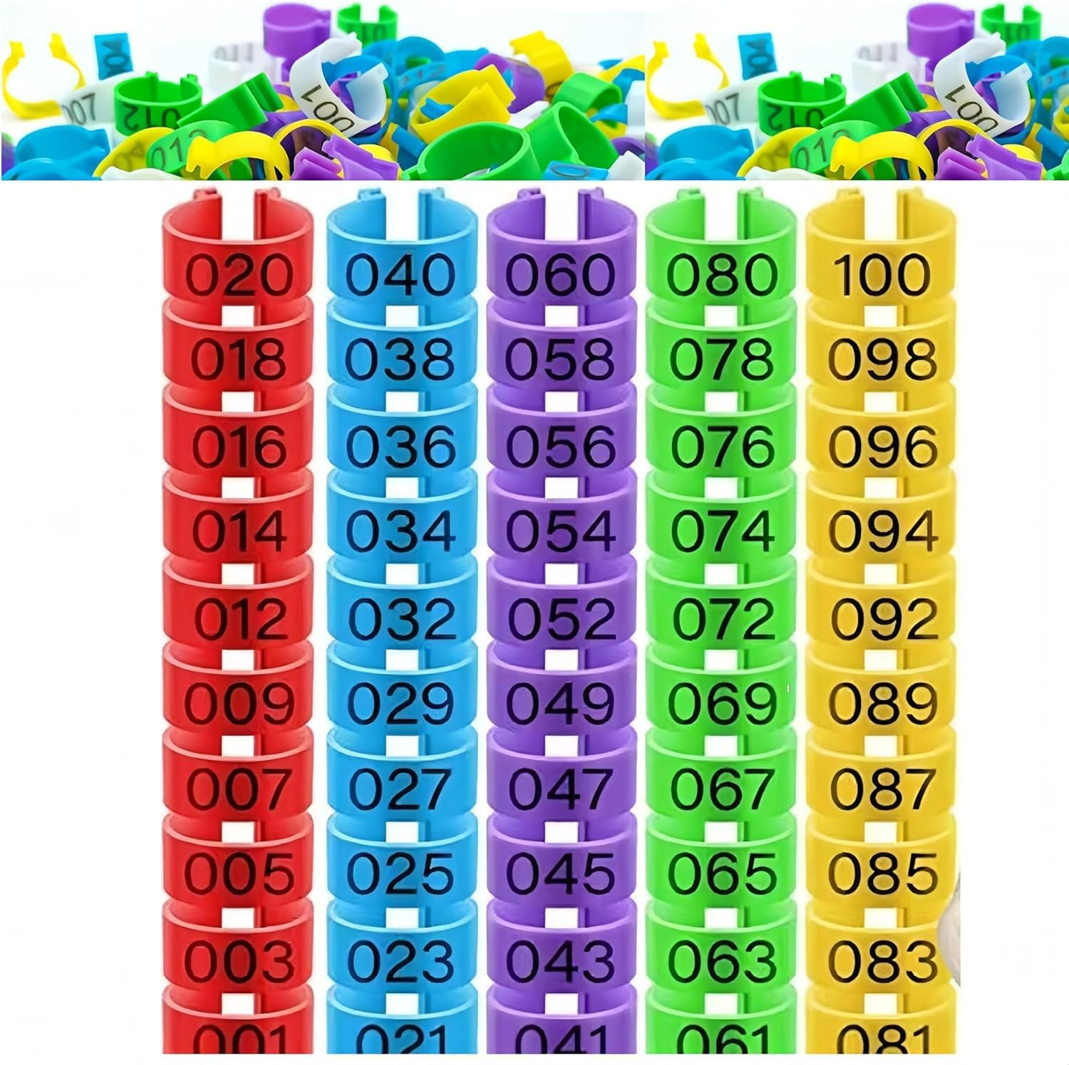 100Pcs Clip on Leg Rings Band Foot,Ai-Oumleef Chicken, 5 Colors Numbered,Colorful 001-100 Numbered Pigeon Foot Rings Birds Tags Leg Bands Clip for Dove Parrot Bird Identification(16Mm) image number 2