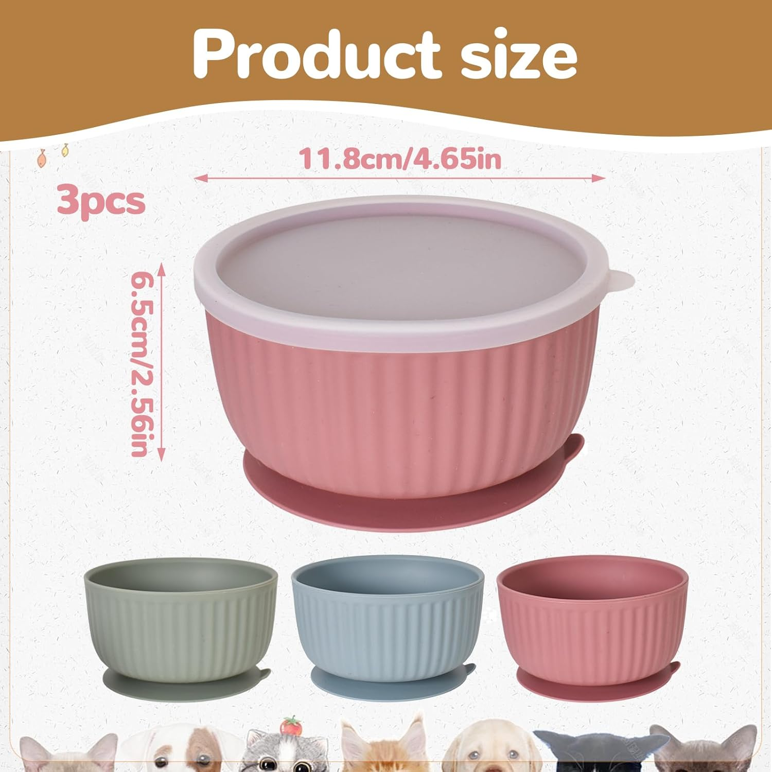 Set of 3 Silicone Cat Bowls with Lid, Non-Slip Suction Cup Feeding Bowls Set, for Kittens and Small Dogs, Microwave Dishwasher Safe, Striped Design Pet Bowls image number 3