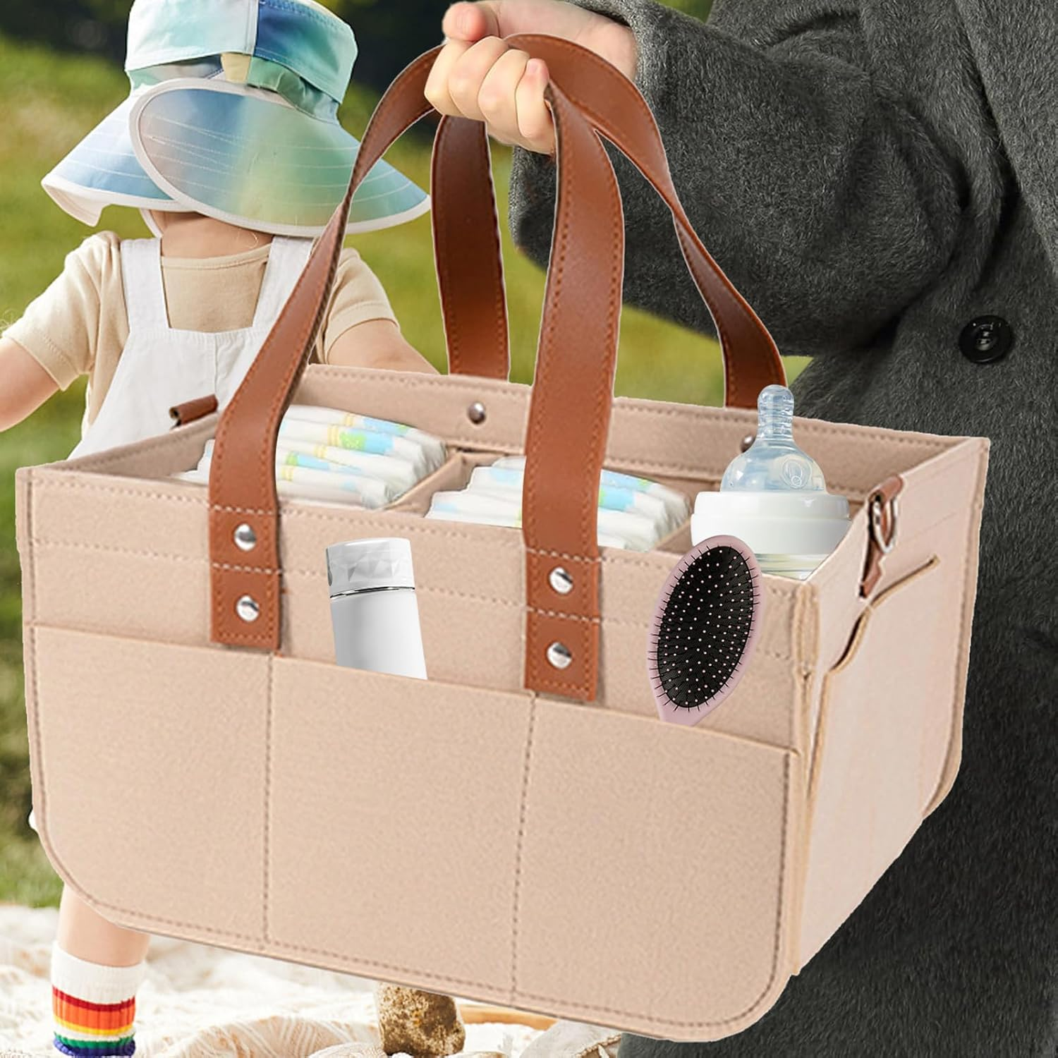 Baby Organizer, Felt Diaper Bag, Baby Nappy Caddy Organiser, Diaper Caddy for Car & Nursery, Car and Nursery Organizers with Compartments for Mom New-Born Kids for Toys, Bottles, Wipes 40X25Cm image number 6