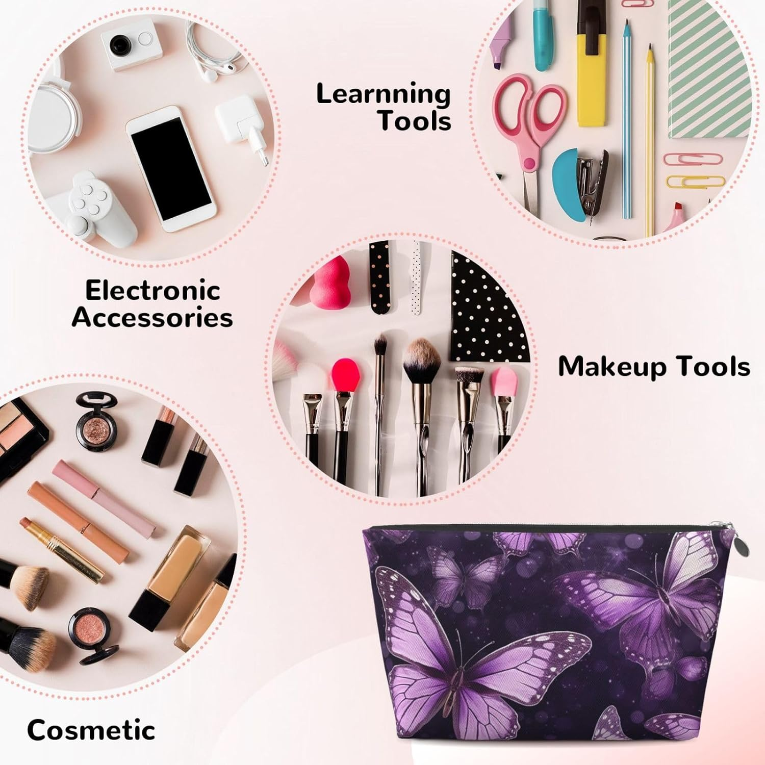 SDTYKHJ Large Capacity Makeup Bag for Women, Waterproof Portable Shaving Bag, Small Toiletry Bag, Purple Butterflies, Leather Cosmetic Organizer Bags for Travel, Siliver, One Size image number 3