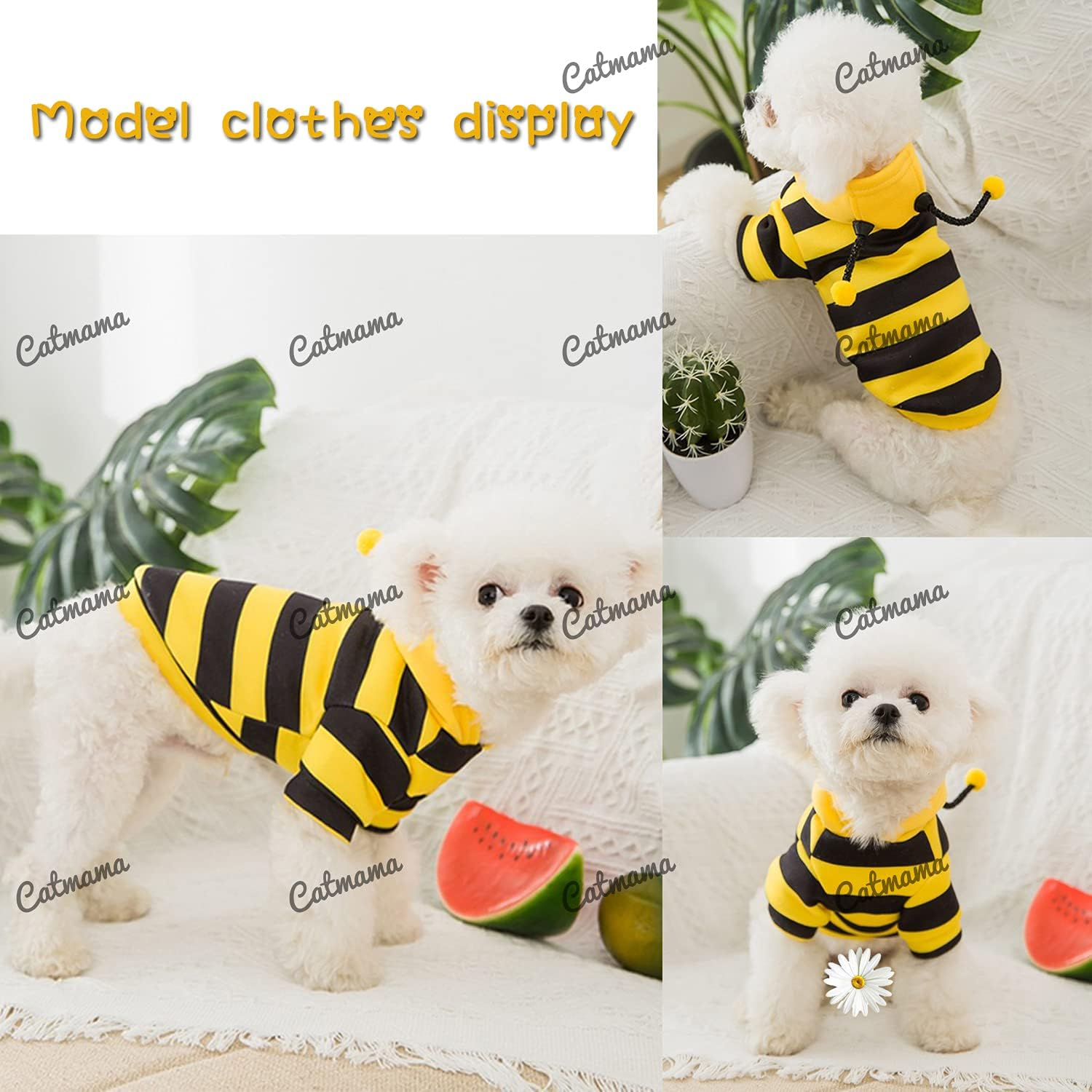 Catmama Pet Clothes Bee Costume Yellow and Black Hooded Sweatshirt Cute Warm Jacket-L image number 3