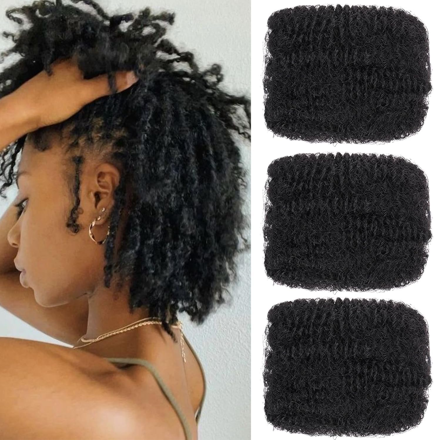 Mscat 10 Inch 3 Bundles Afro Kinky Curly Braiding Bulk Women Hair for Spring Twist Hair Natural Black Afro Kinkys Bulk Hair Synthetic for Dreadlocks Extensions Repair Locs Springy Twists 30 G/Pack (1B image number 3
