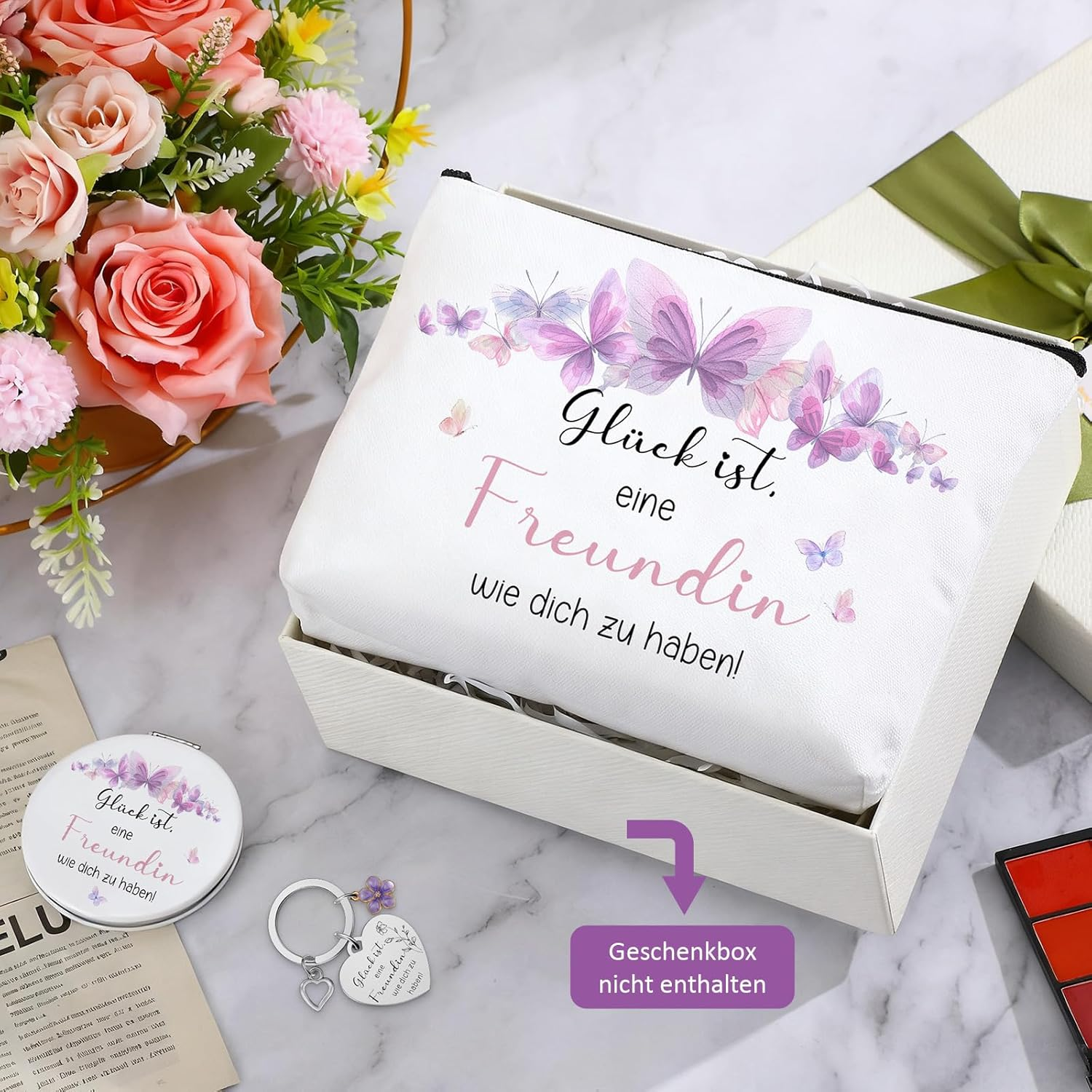 Xuniea Girlfriend Gift Set with Cosmetic Bag, Magnifying Mirror & Keyring - Gl&uuml;ck Ist, Freundin Wie Dich Zu Haben! | Gift for Birthday, Christmas & Special Occasions image number 2