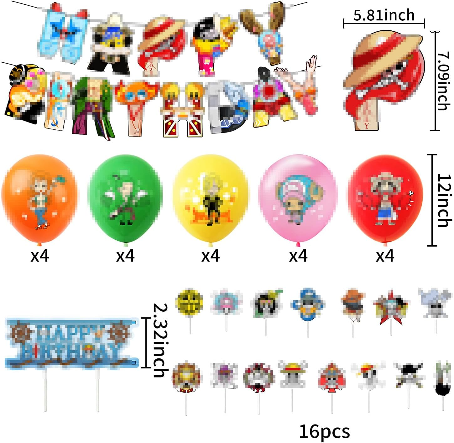 One Piece Birthday Decorations Set, 34 Pieces, One Piece Balloons, Birthday Banner, One Piece Cake Decoration, One Piece Latex Balloon, Cupcake Toppers, Party Accessories for Children'S Birthdays image number 4