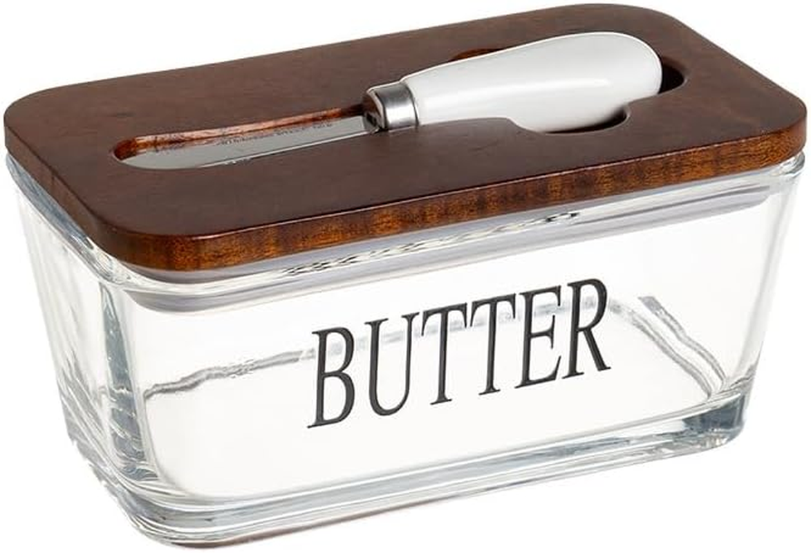 AVITONG Glass Butter Dish with Lid and Spreader, 600Ml Large Capacity Butter Keeper with Bamboo/Walnut Wooden Lid, Stackable Storage Container image number 4