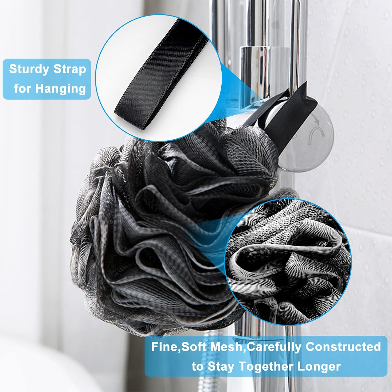 Loofah Bath Shower Sponge Body Scrubber,1 Long Handled Back Brush and 2 75G XL Exfoliate Mesh Pouf Shower Bouquet,3 Pack Shower Scrubber for Women and Men image number 2