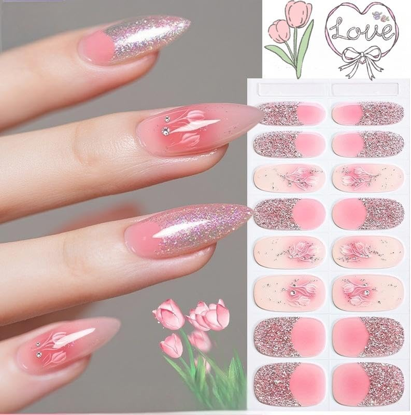 Amiiba 16Pcs XXXXXX French No-Baked Gel Nail Wraps,Waterproof Salon-Quality Self-Adhesive Nail Stickers for Women Girls, No UV/LED Lamp Needed (Lasts 14-28 Days) (Pink Glitter) image number 6