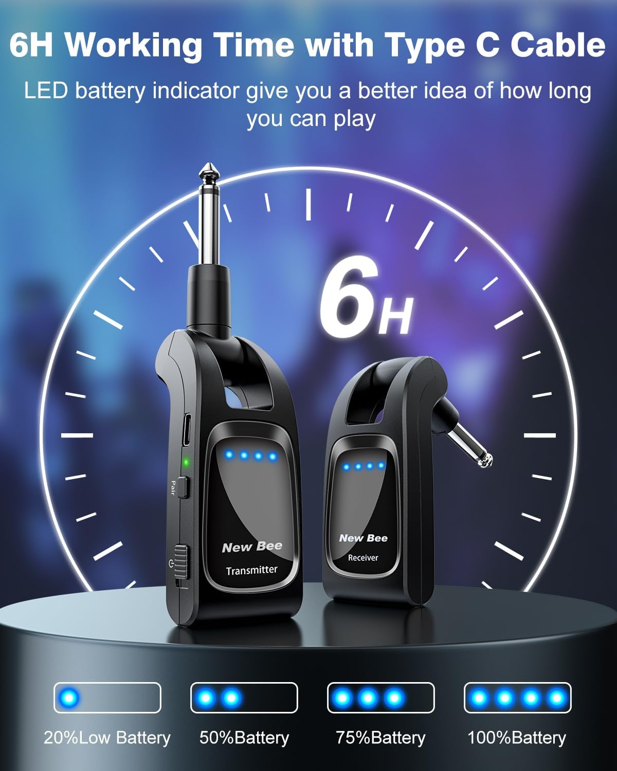 New Bee Wireless Guitar System 2.4Ghz with 6 Channels Rechargeable Audio Transmitter Receiver for Bass Electric Instruments image number 3