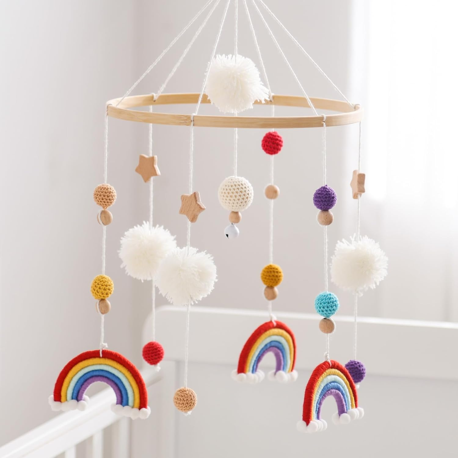 Rainbow Baby Mobile Baby Bed, Mobile Changing Table, Mobile Baby Wooden Wind Chime, Mobile Baby Wind Chimes with Felt Balls, Baby Wind Chime Nursery Decoration, Newborn Gift Baby Boys (Red) image number 1