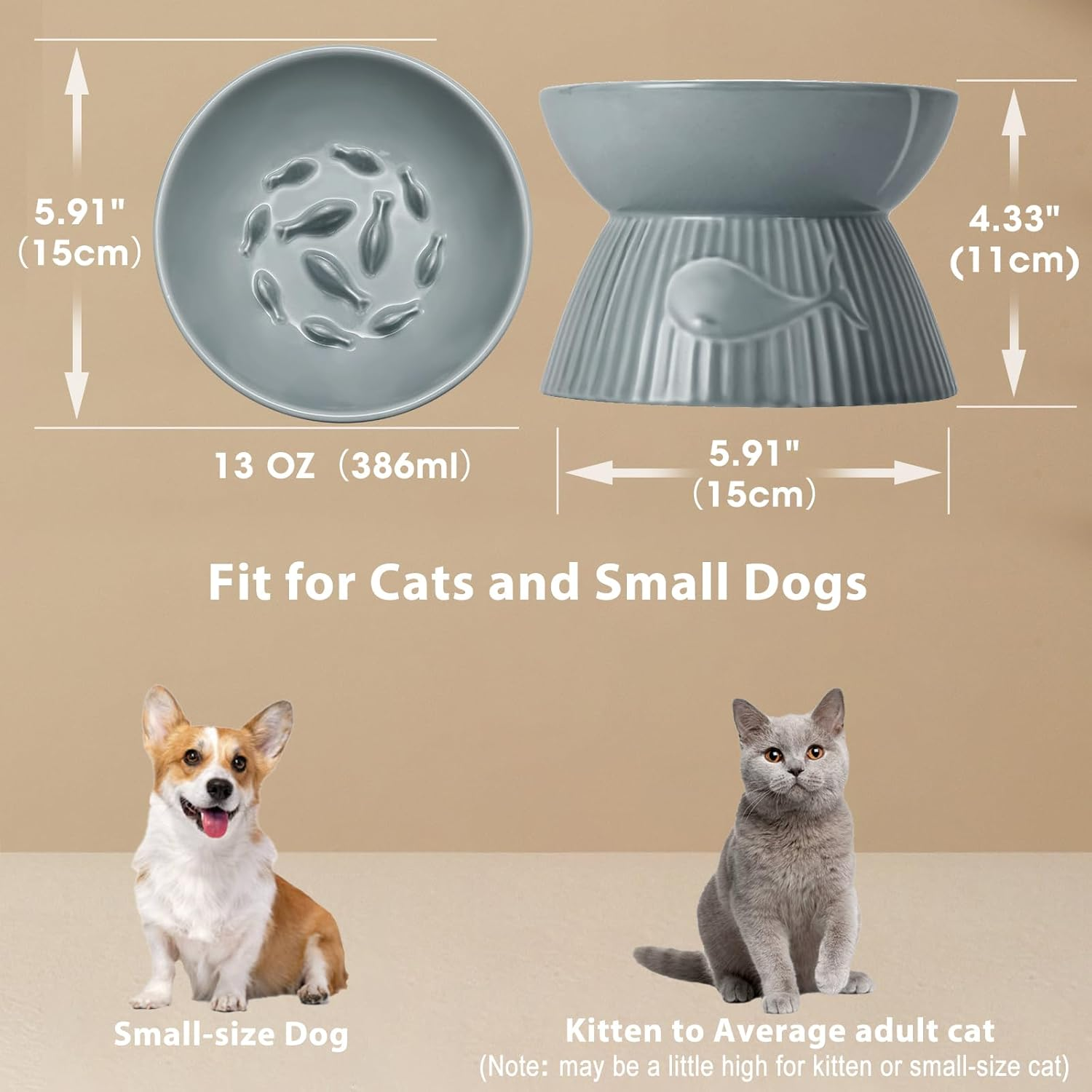 Elevated Slow Feeder Bowl for Cats and Small Dog, Stop Vomiting & Choking, Ceramic Cat Slow Feeder Bowl, Spill-Proof & Anti-Tipping, Easy to Clean, No Black Chin, Raised Cat Bowl Slow Feeder - Grey image number 3