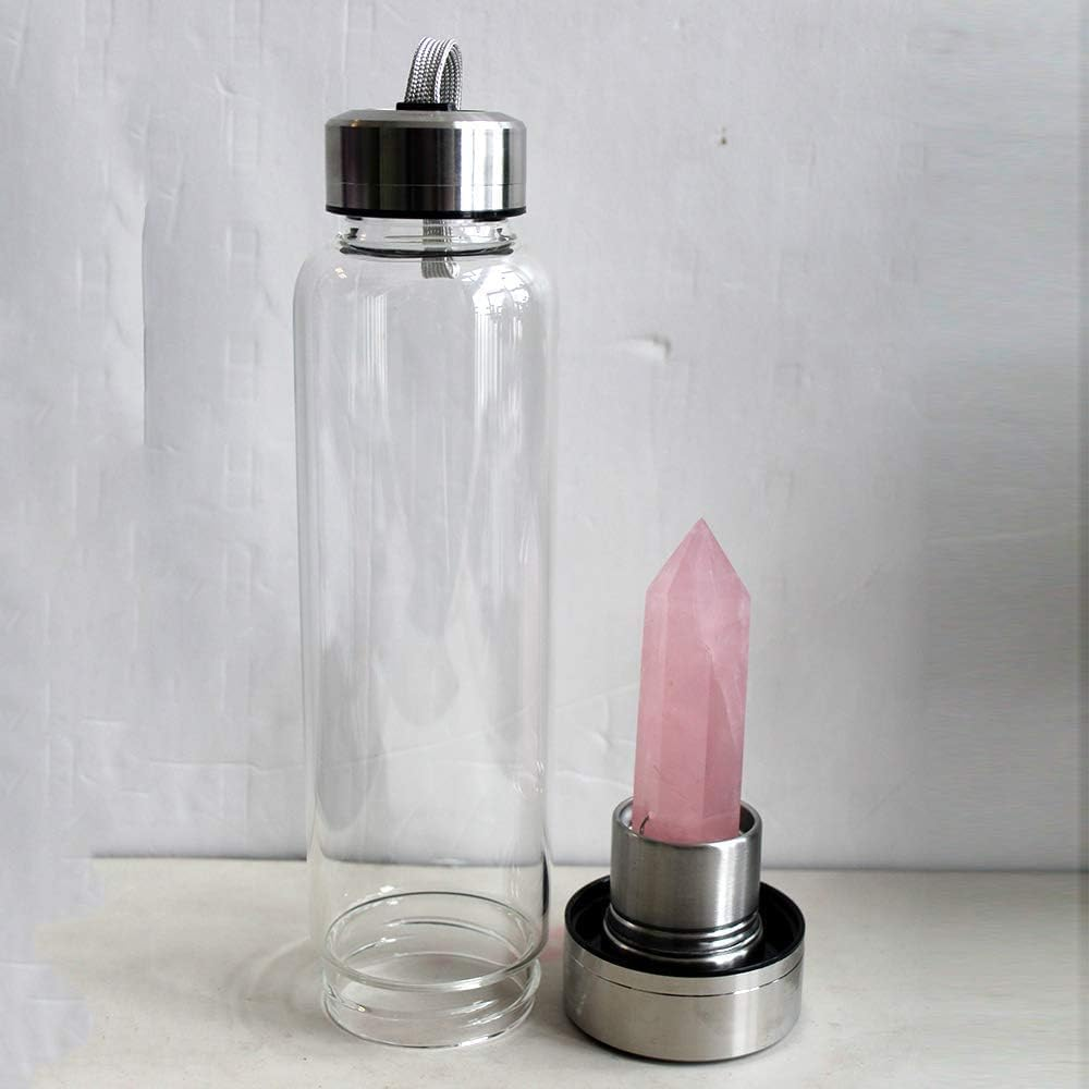 SAOI Crystal Water Bottle - Rose Quartz Gemstone Infused Elixir - Natural Wellness Healing - Glass/Stainless Steel - Water Bottle W/ Amethyst image number 5