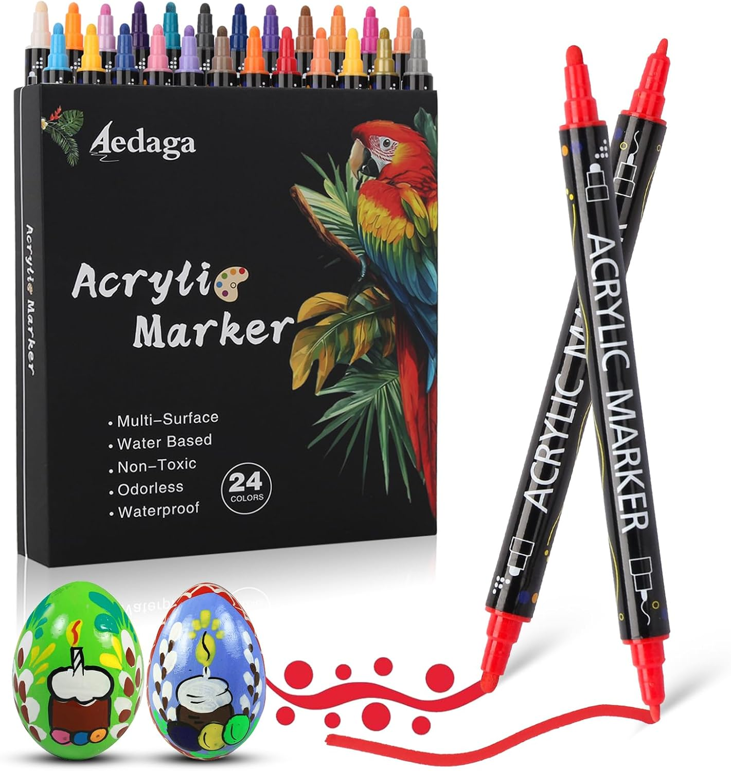 24 Colors Acrylic Paint Pens,Acrylic Paint Markers Dual Tip with Fine Tip and Dot Tip,Dot Maker for Kids Adults, Glass, Stone, Wood, Canvas, Paper, Pottery