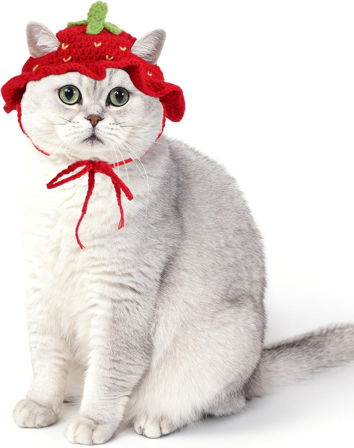 Piriuuo Strawberry Cat Hat, Cute Knitted Hat for Cat Cotton Hats for Cats Soft Small Dog Hat for Birthday Party Christmas Puppy Hat for Small Pets (Red, M) image number 4
