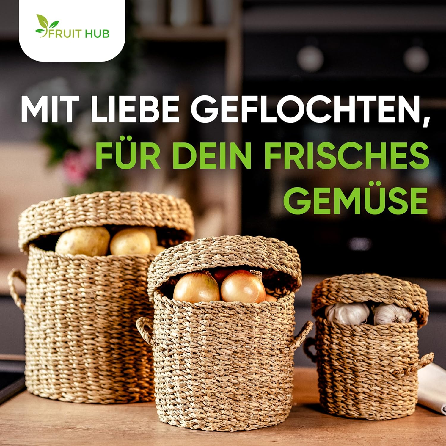 Fruit Hub&reg; Seagrass Potato & Onion Storage Box - Set of 3 Natural Vegetable Containers - Breathable & Lightproof - Sustainable Kitchen Organisation image number 4