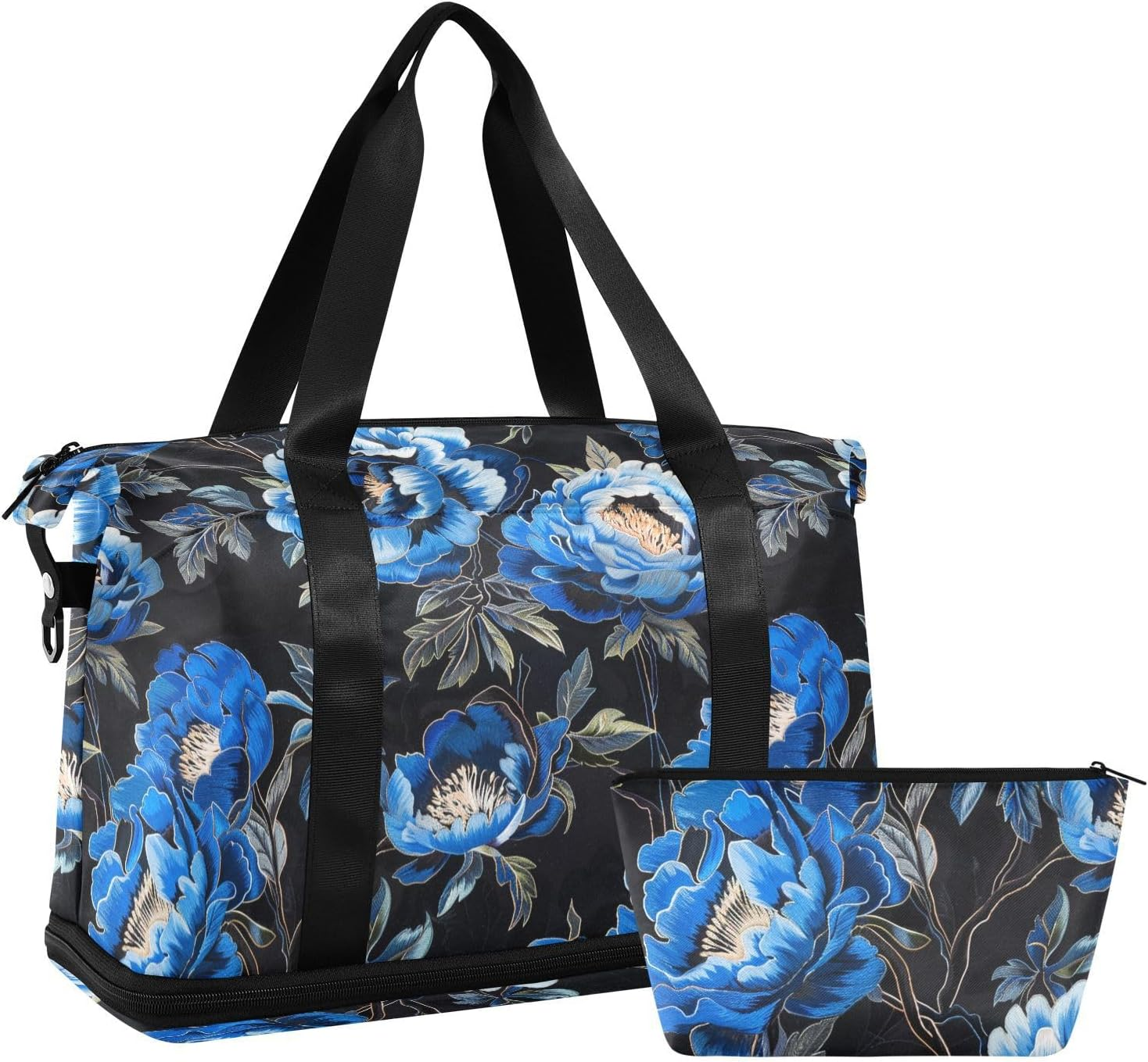 Black with Blue Peony Embroidery Personal Item Travel Bags Travel Weekender Gear Bag Tote Bag with Toiletry Bag for Airplane Traveling Foldable, Black with Blue Peony Embroidery, 1 Size image number 1
