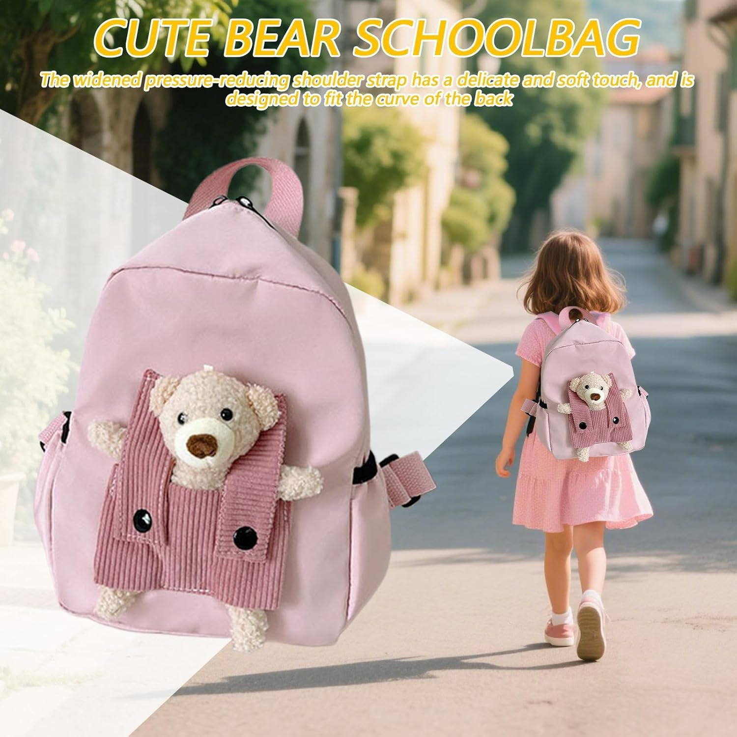 Bear Backpack | Kindergarten Backpack,3D Bear Design Spacious Interior Knapsack for Students Preschool Girls Boys Daily Commute Trips Camping - Pink image number 4