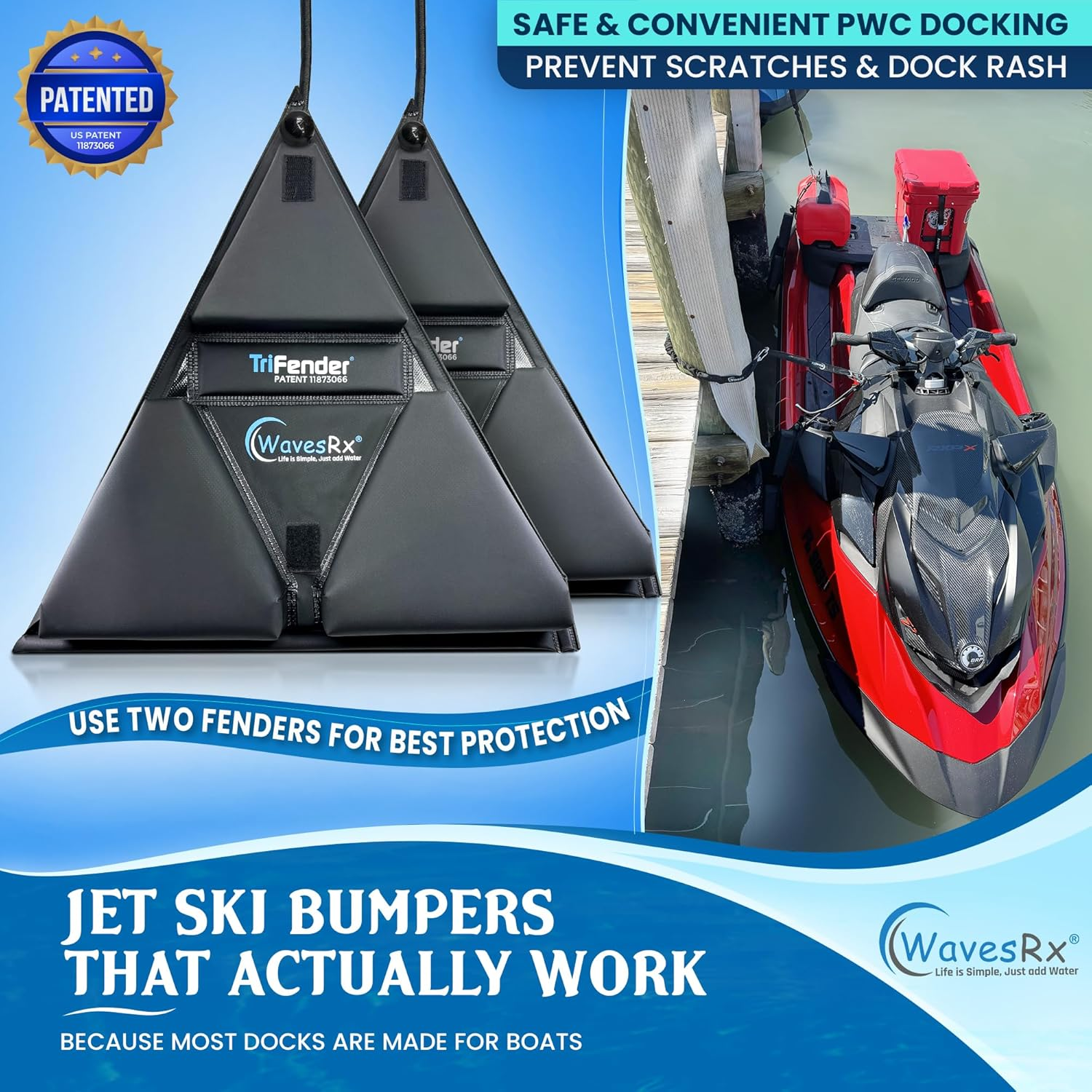 WAVESRX PWC Fender Bumper for Safe Jet Ski Docking | Foldable Easy-To-Store Marine Bumpers Offer Ultimate Protection from Dock Rash and Scratches | Adjustable Length Bungee Cord + Hook & Safety Latch image number 1