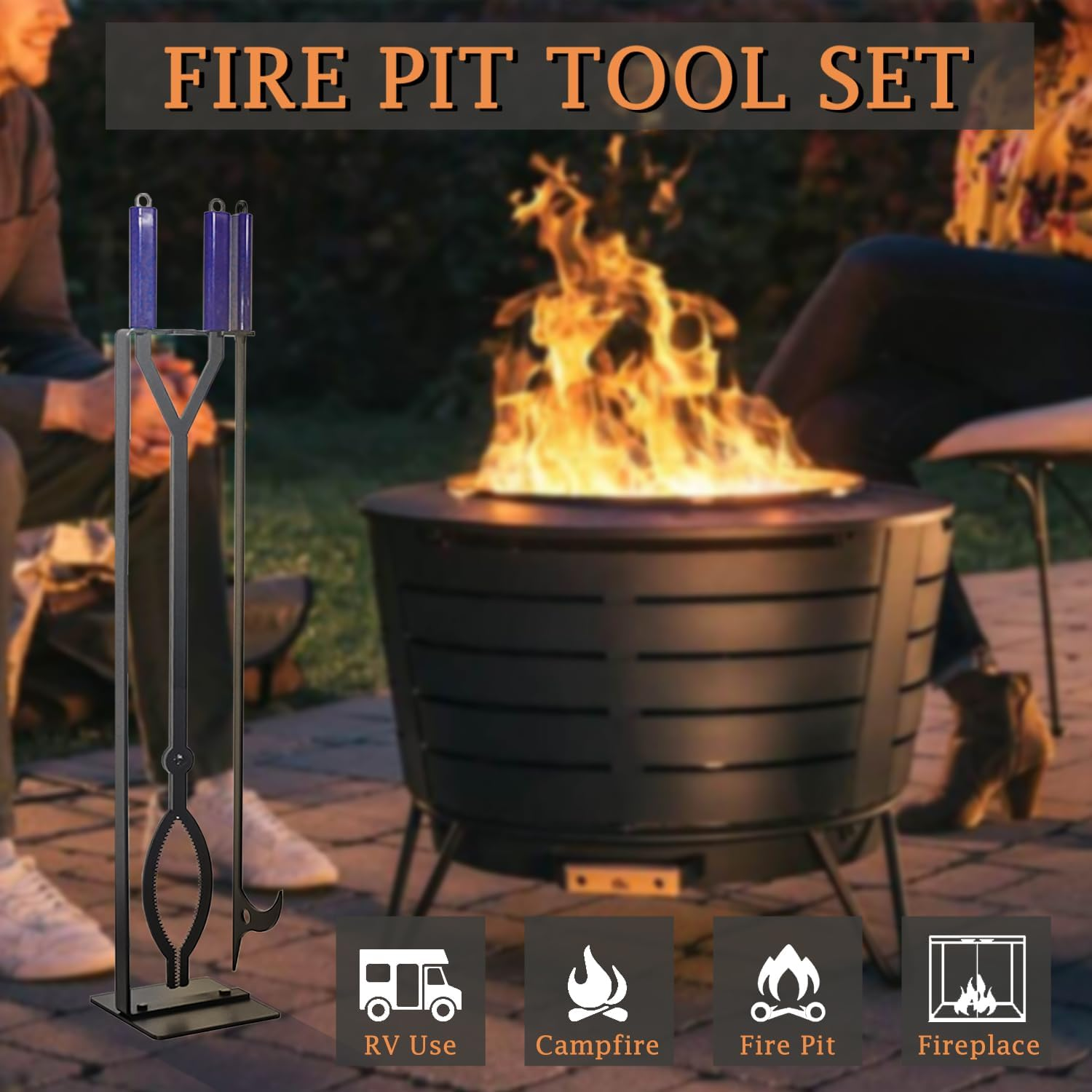 Heavy Duty Fireplace Tools Set with 40" Fire Poker and Log Grabber,Wrought Iron Large Fire Pit Tool Set with Metal Stand,Solid Steel Firewood Grabber for Campfire Backyard Bonfire Indoor&Outdoor Use image number 2