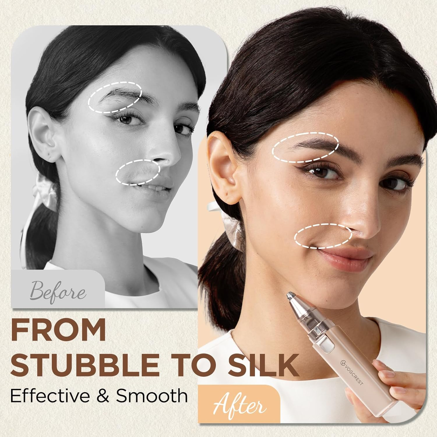 VG VOGCREST Rechargeable Facial Hair Removal for Women: 2-In-1 Electric Eyebrow and Facial Hair Removal Device - Suitable for Eyebrows Chin Cheeks Features a Built-In LED Light (Gold) image number 3