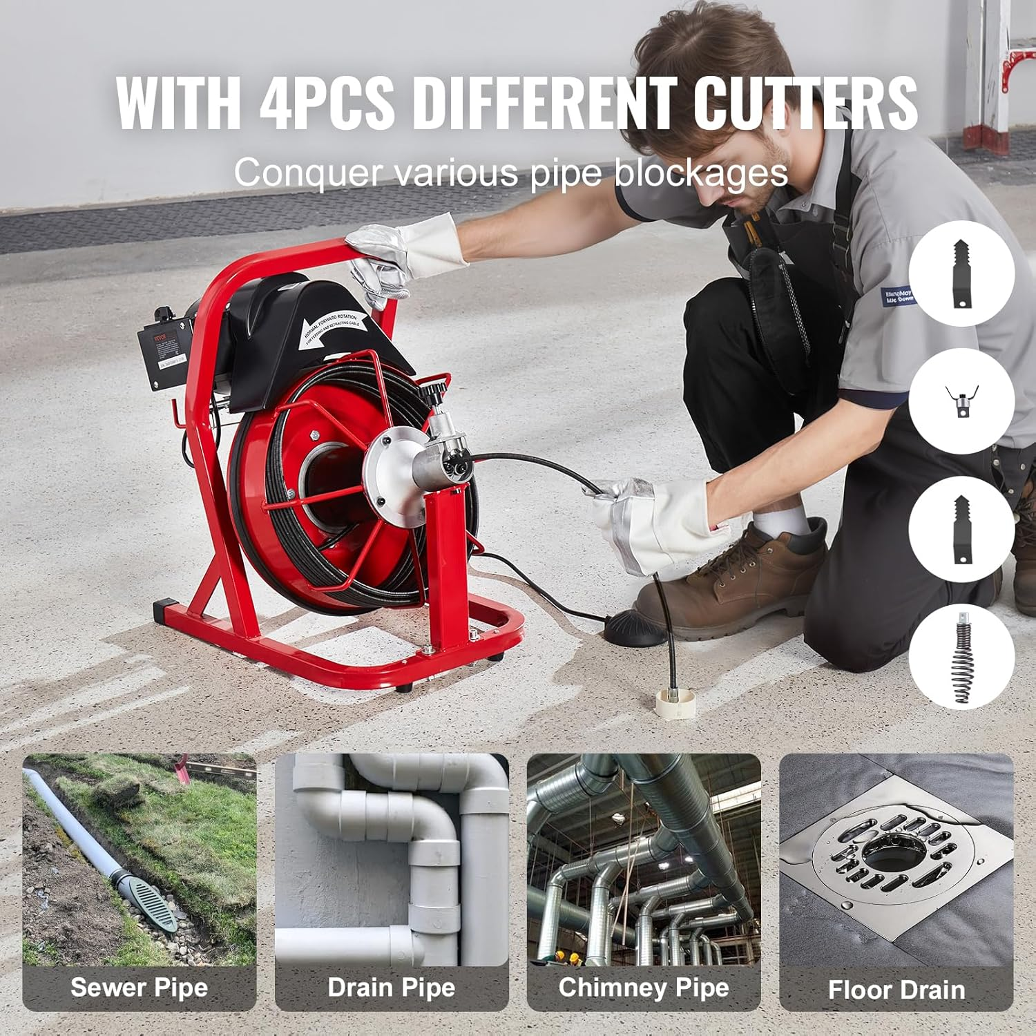 VEVOR Drain Cleaner Machine 50FT X 3/10 Inch, Auto Feed Sewer Snake Auger, 250W Electric Drain Cleaning Machine with 4 Cutters & Air-Activated Foot Switch for 2" to 4" Pipes image number 1