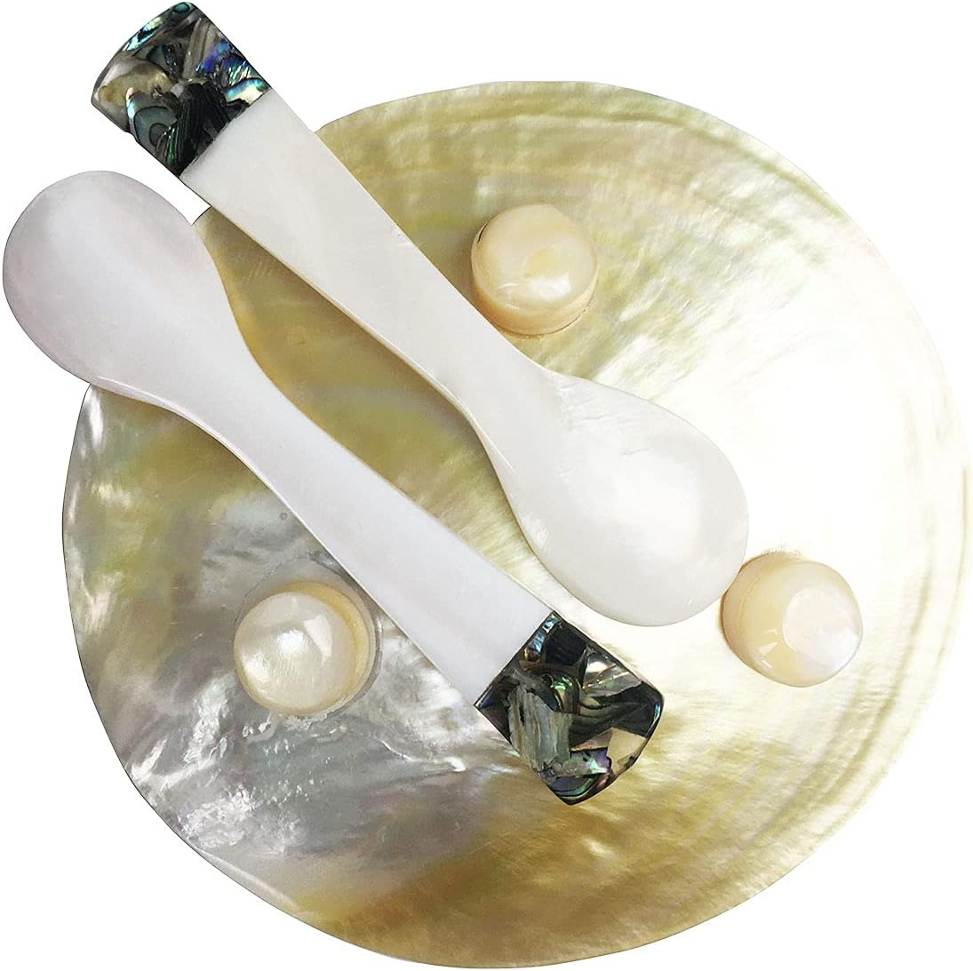 DUEBEL MOP Caviar Server Set, Plate plus Set of 2 Mother of Pearl Caviar Spoons with Green Abalone 3.5&rdquo; Decoration for Caviar, Appetizer, Dessert, Egg, Icecream image number 3