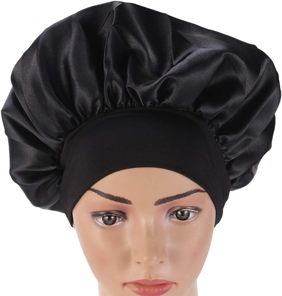 ARTIBETTER Sleep Night Cap Wide Band Bonnet Cap Night Head Cover Soft Hair Turban Hair Loss Hat for Women Size M (Black) 56-58Cm image number 1