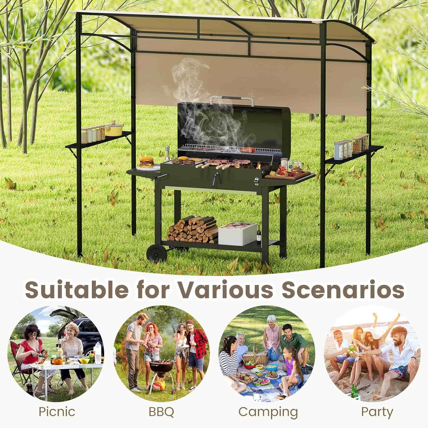 Costway 238 X 134 Cm Grill Gazebo, Outdoor Patio BBQ Canopy W/Steel Shelves, Hooks, Bottle Openers, Extra Shadow, Soft Top Barbecue Picnic Tent Shelter for Backyard Deck Garden Lawn, Sun-Protective image number 2