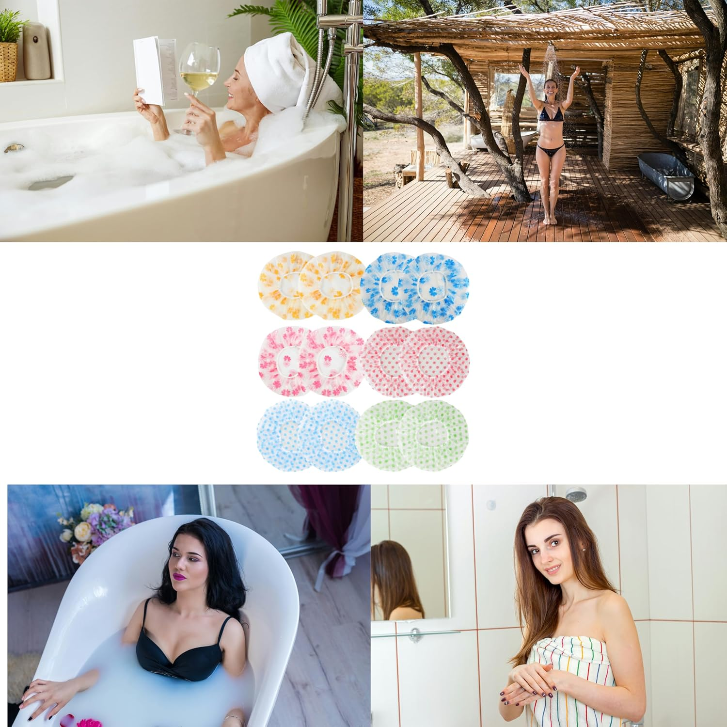 12 Pack Shower Caps Premium Waterproof Bath Caps for Women & Men, Waterproof Elastic Shower Cap Hair Protection for Bathing (12Pcs Multicolor) image number 2