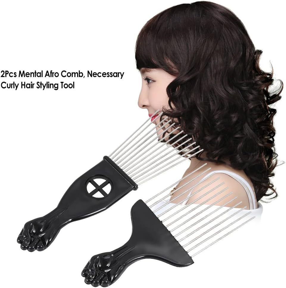 Xinyee 2Pcs Mental Pick Comb African American Afro Comb Hair Brush Hairdressing Styling Tool Black Fist image number 2