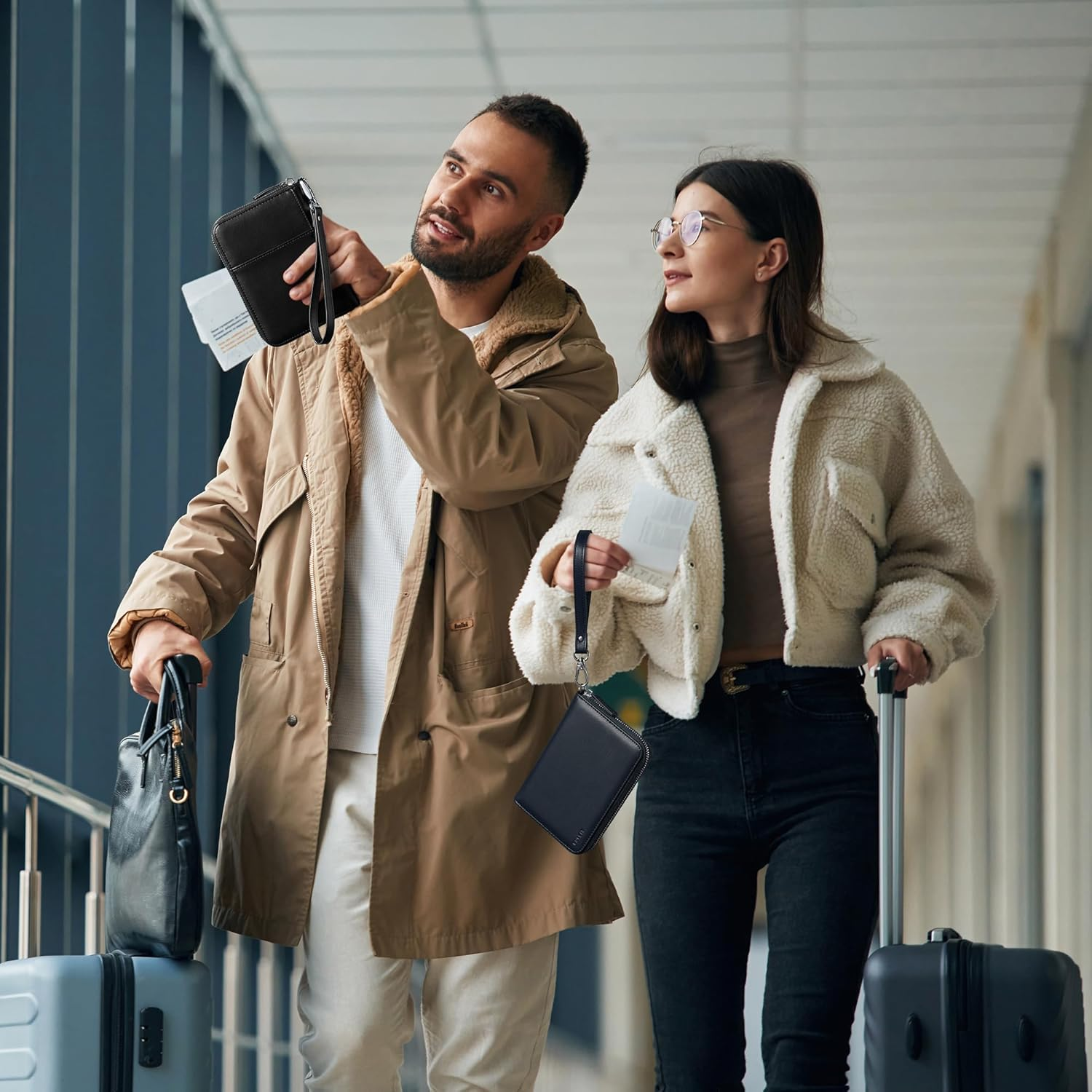 VULKIT Passport Holder for Travel with Airtag Slot, Premium Nappa Leather, RFID Blocking, Zipper Closure with Wrist Strap, Travel Document Organizer - Nappa Black image number 3