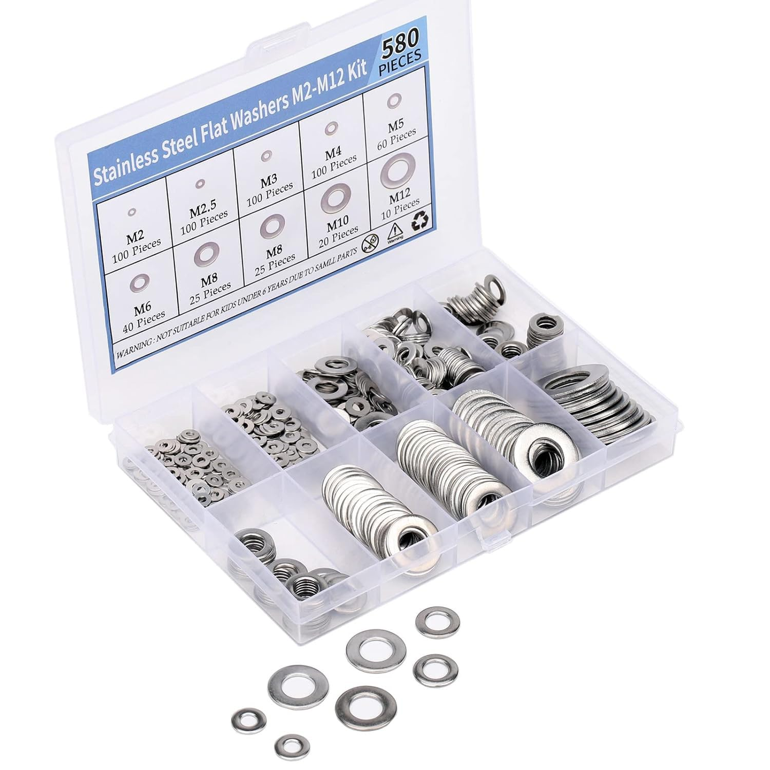 MEZOKUCEL 580PC 304 Stainless Steel Flat Washer, 9 Size Washers Assortment Kit (M2 M2.5 M3 M4 M5 M6 M8 M10 M12) for General Manufacturing, Maintenance and Repair (580PC) image number 5